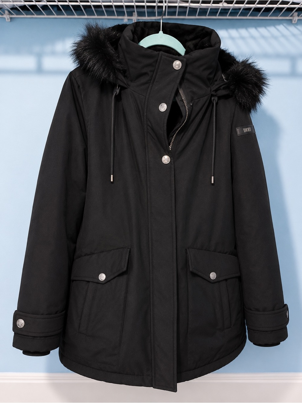 DKNY Black Hooded Puffer Parka with Faux Fur Trim